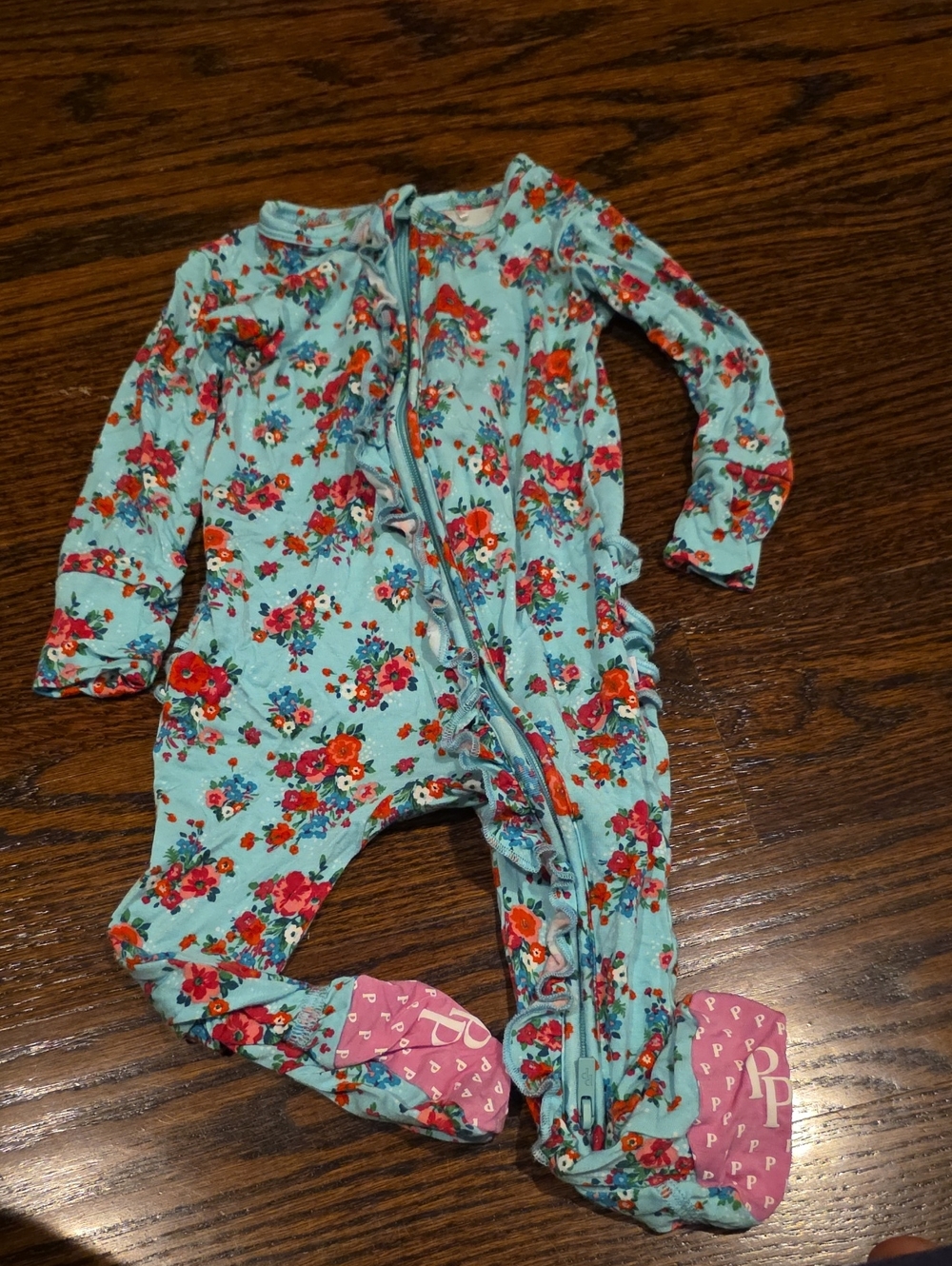 Posh Peanut Light Blue Floral Ruffle Footed One-Piece
